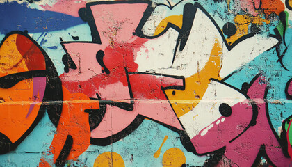 A graffiti-covered urban wall, showcasing vibrant colors, bold lines, and an edgy, artistic vibe