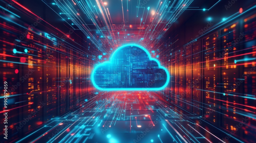 Poster server room and cloud computing icon. digital cybersecurity, software, and online storage in it syst