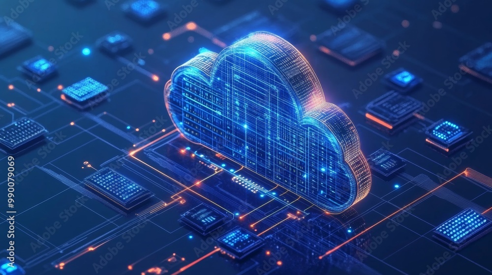 Poster Server Room and Cloud Computing Icon. Digital Cybersecurity, Software, and Online Storage in IT Systems