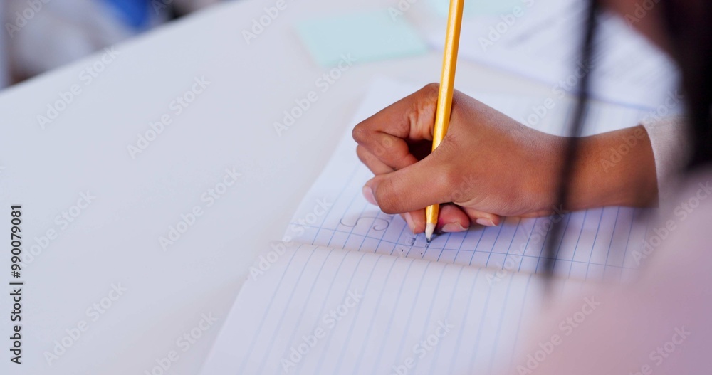 Poster hands, pencil and writing in school for learning, education and development with study notes in book
