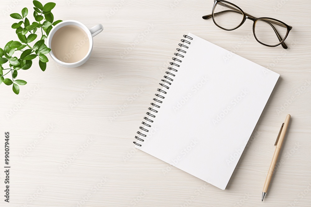 Poster minimalist desk setup with a notebook and pen, topdown view, soft natural tones.