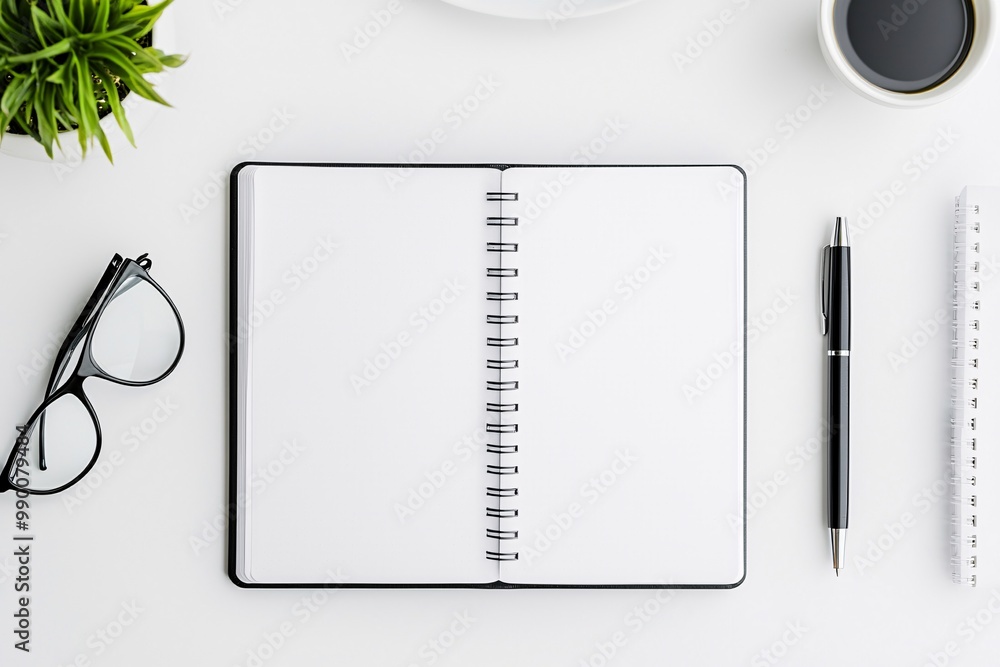 Poster minimalist desk setup with a notebook and pen, topdown view, soft natural tones.
