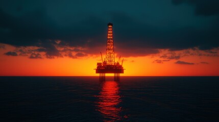 Obraz premium Oil Rig at Sunset Over Calm Ocean Water