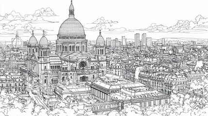 Obraz premium Black and White Sketch of Parisian Cityscape with Church and Skyline