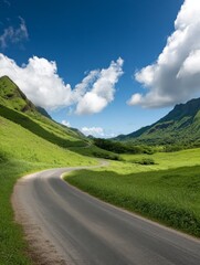 Naklejka premium A scenic winding road snakes through verdant mountains, showcasing the beauty of nature's curves and the allure of an open road. It symbolizes adventure, travel, exploration, freedom, and tranquility.