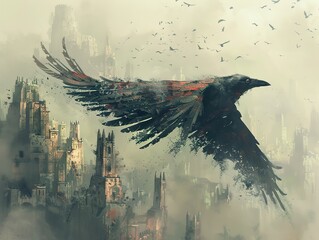 Fototapeta premium Crow Flying Over a Gothic City
