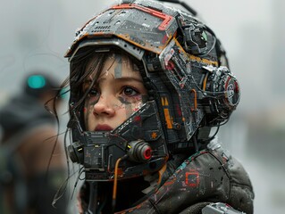 Obraz premium Cyberpunk Girl in a Futuristic Helmet