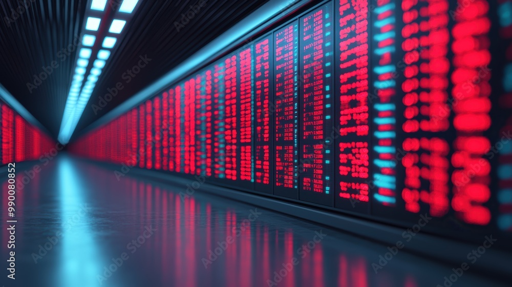 Poster futuristic data center with red screens and reflections