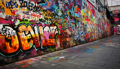 Fototapeta premium A graffiti-covered urban wall, showcasing vibrant colors, bold lines, and an edgy, artistic vibe