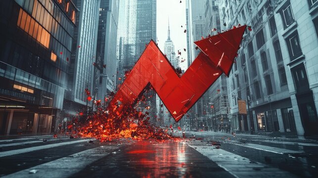 Large red arrow crashing into a high-tech city street, symbolizing economic decline and stock market troubles