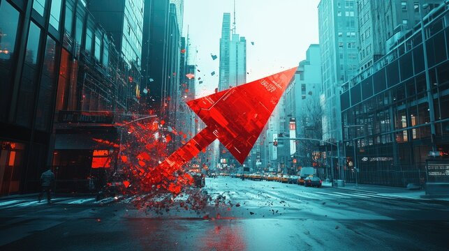 Large red arrow crashing into a high-tech city street, symbolizing economic decline and stock market troubles