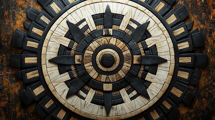 A tribal-inspired mandala with geometric patterns and circular symmetry, black and white, detailed cultural designs, sharp lines, bold contrast.  --ar 16:9 --no logo