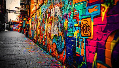Obraz premium A graffiti-covered urban wall, showcasing vibrant colors, bold lines, and an edgy, artistic vibe