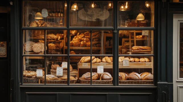 Warm, Golden Brown Breads Displayed in a Bakery Window