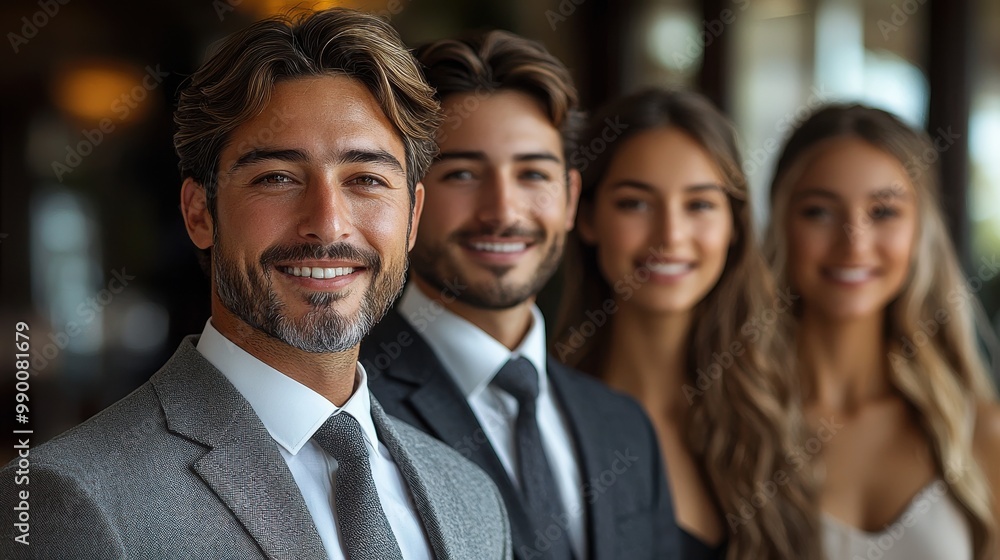 Poster four stylish individuals smiling and posing together in an upscale event setting during daytime