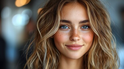 Fototapeta premium A young woman with wavy hair and blue eyes smiles warmly in a brightly lit urban setting during the late afternoon