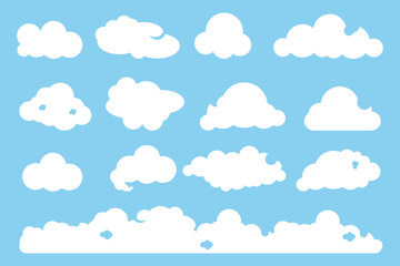 Set of  white clouds on a blue background. Vector design elements.
