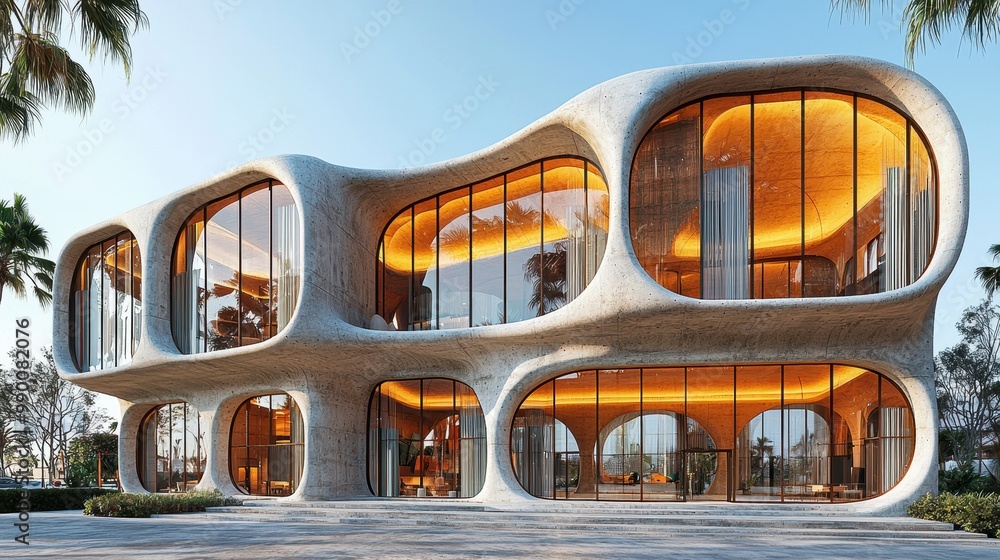 Poster modern concrete building with curved windows and palm trees