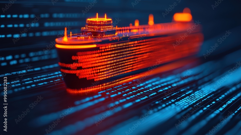 Poster futuristic container ship with digital data flow
