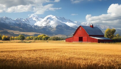 A rural farm with a big red barn, fields of wheat, and a backdrop of snowy mountains