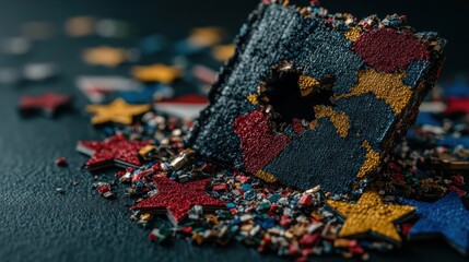 Obraz premium Close-up of a shattered world map with scattered colorful stars, symbolizing the collapse or fragmentation of global unity and order.