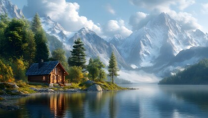 Naklejka premium A small cottage by the lake with towering pine trees and mistcovered mountains in the background