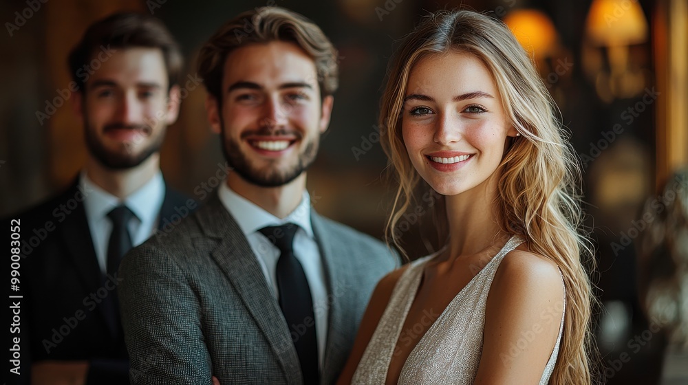 Poster three elegantly dressed individuals smiling together in a classy setting with soft lighting at an up