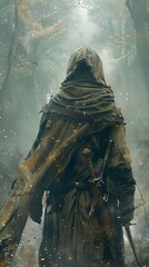 Obraz premium Hooded Figure in a Misty Forest: A Fantasy Adventure