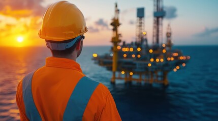 Worker Observing Oil Rig at Sunrise Over Ocean
