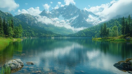 Fototapeta premium Majestic Mountain Lake Landscape with Blue Sky and Clouds