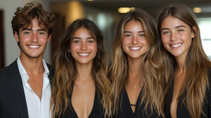 Fototapeta premium Four young adults posing together in stylish outfits indoors, showcasing smiles and friendly expressions at a social event