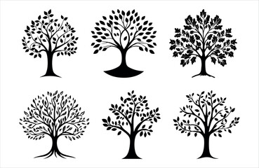 High quality oak tree silhouette vector isolated on white. nature. black color tree icon, copy space. 