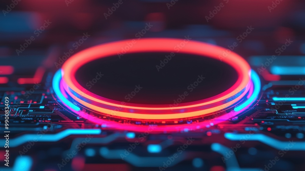 Poster futuristic circular interface with neon lights and circuits