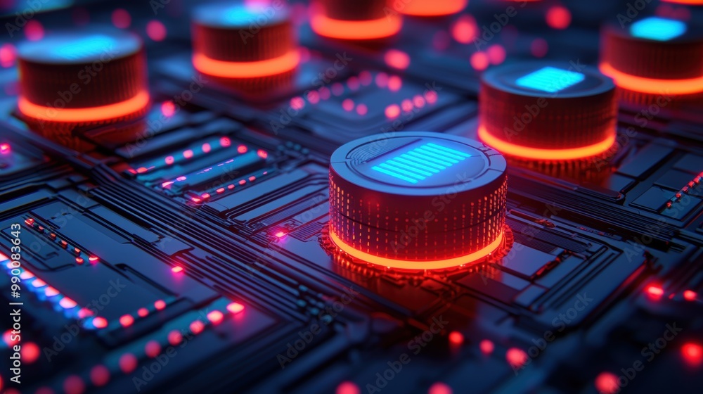 Poster abstract digital circuit board with glowing elements