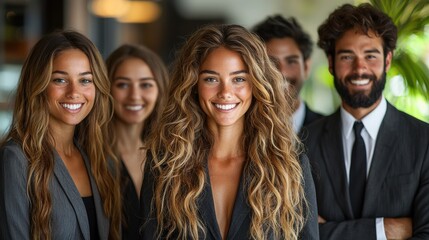 Obraz premium Young professionals smiling in business attire during a corporate event in a modern office setting on a sunny afternoon