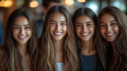 Obraz premium Smiling group of young women with long hair posing together in a warmly lit indoor space during an evening gathering