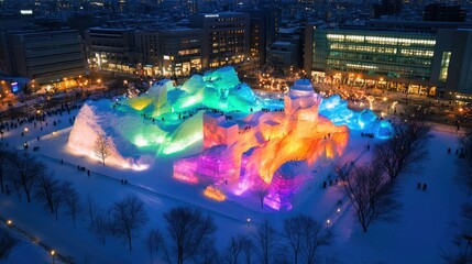 Night view of the Sapporo Snow Festival with colorful lights shining on massive snow sculptures in a winter wonderland.