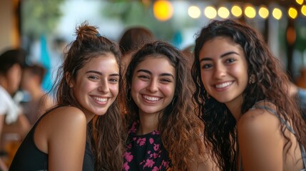 Young women smiling with friends at a social gathering.