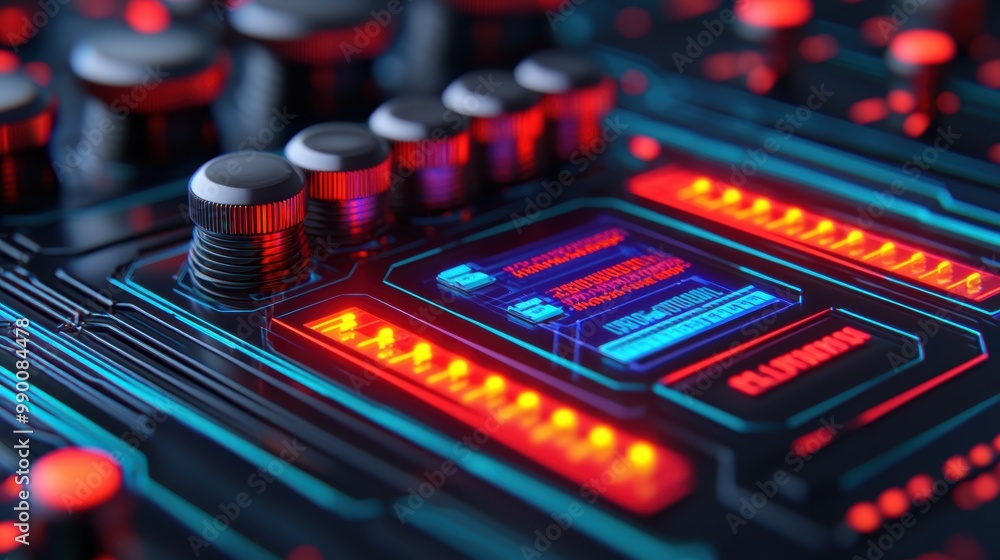 Poster futuristic control panel with led lights and buttons
