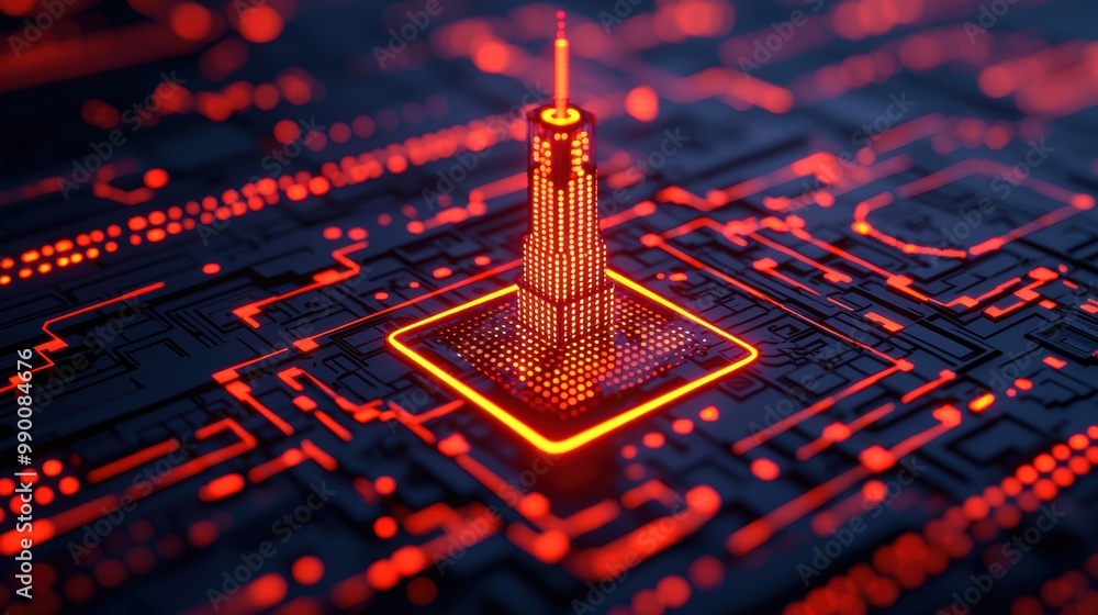 Poster futuristic cityscape with glowing circuit patterns
