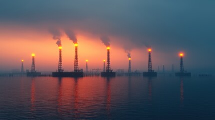 Fototapeta premium Oil Rigs at Sunrise with Smoke and Reflection in Water