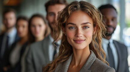 Fototapeta premium A confident businesswoman stands in front of her team during a corporate meeting in a modern office setting