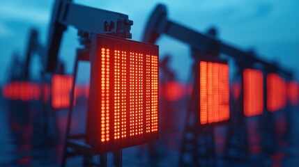 Red Lighting on Oil Pump Jacks in Industrial Setting