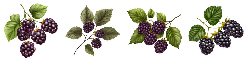 Obraz premium Four clusters of ripe grapes with green leaves, set against on Transparent background., showcasing their rich color and texture.