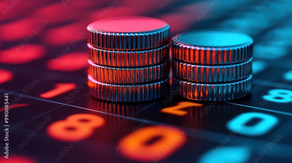 Poster colorful coins on digital background with numbers