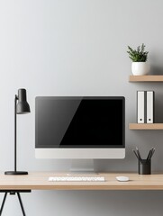 A sleek, modern office space featuring a wooden desk, a desktop computer, and a minimalist aesthetic. The workspace is ideal for productivity and creativity, with ample room for work and inspiration.