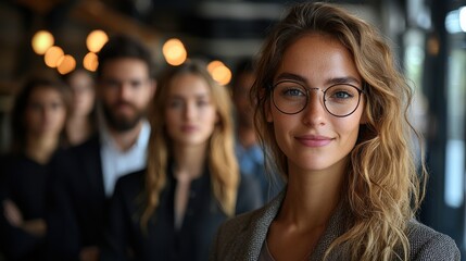 Obraz premium A confident young woman with glasses stands out in a professional setting surrounded by colleagues in a modern office environment