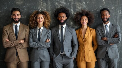 Fototapeta premium Professional group of five individuals showcasing diverse styles of business attire against a dark textured background