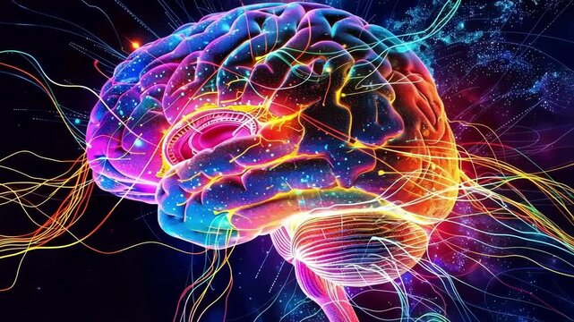 Abstract, colorful representation of the human brain enhanced with artificial intelligence, symbolizing the merging of biology and technology