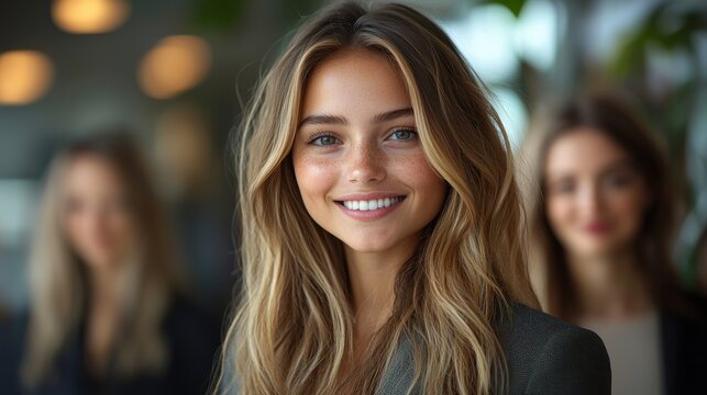 Smiling young woman with long hair poses confidently near two friends in a modern office setting during the daytime